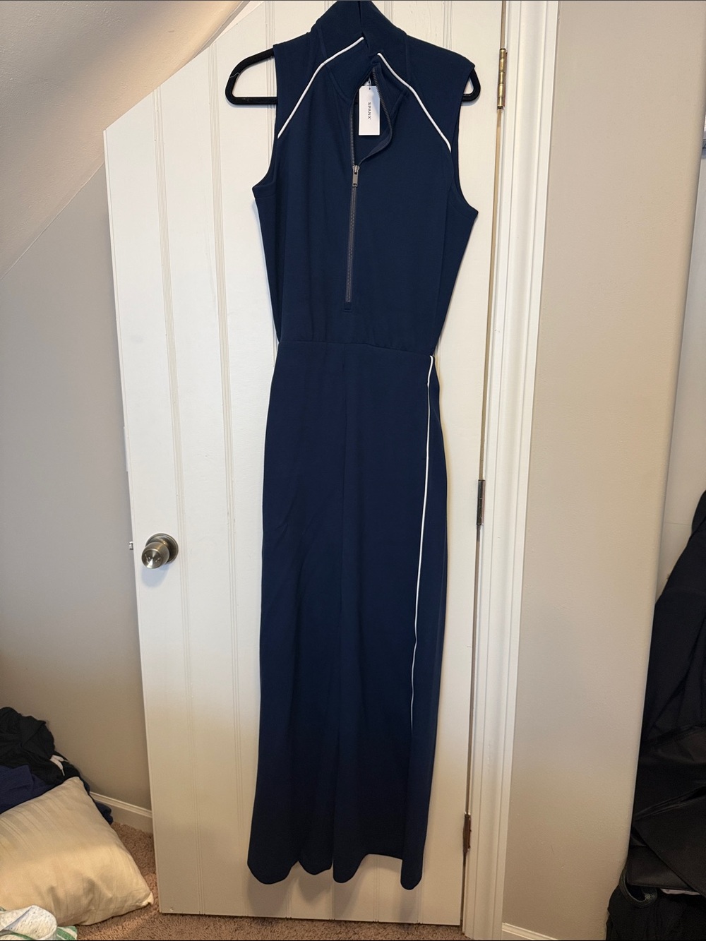 SPANX Navy Sleeveless Jumpsuit with White Piping